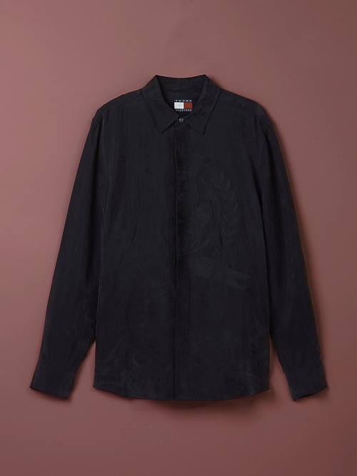 Black Tommy Hilfiger Festive Crest Embroidery Men's Shirts | TH268YGQ