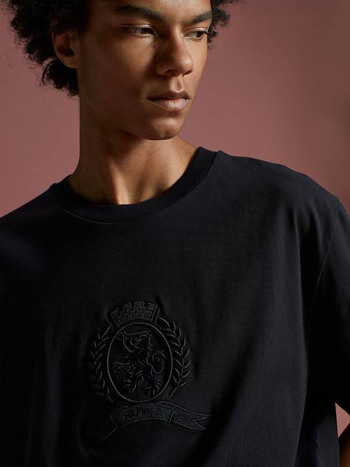 Black Tommy Hilfiger Festive Tonal Crest Men's T Shirts | TH763JYE