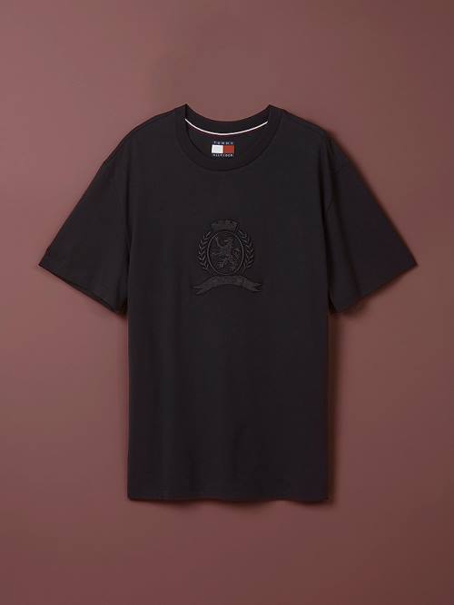 Black Tommy Hilfiger Festive Tonal Crest Men's T Shirts | TH763JYE