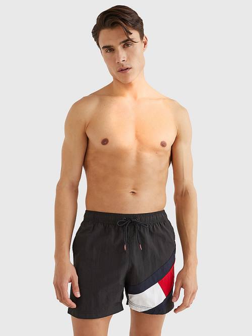 Black Tommy Hilfiger Flag Mid Length Drawstring Shorts Men's Swimwear | TH123WQK