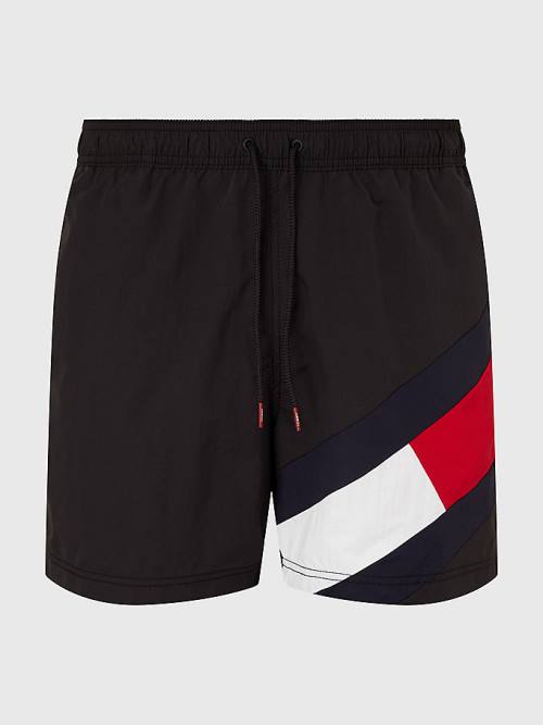 Black Tommy Hilfiger Flag Mid Length Drawstring Shorts Men's Swimwear | TH123WQK