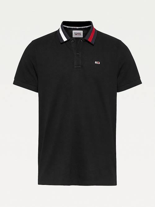 Black Tommy Hilfiger Flag Neck Regular Fit Men's Polo Shirts | TH213PQR