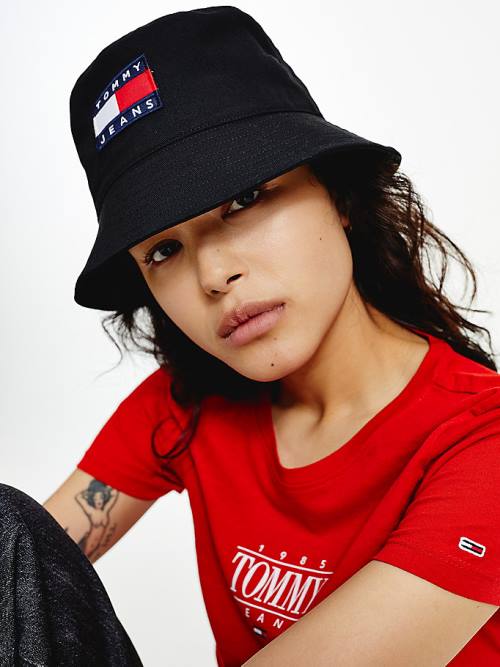 Black Tommy Hilfiger Flag Patch Bucket Women's Hats | TH602DMT