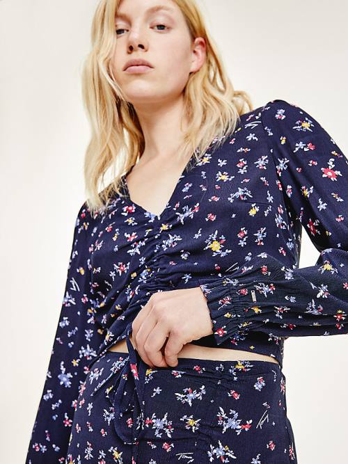 Black Tommy Hilfiger Floral Print Ruched Viscose Women's Blouse | TH054GRM