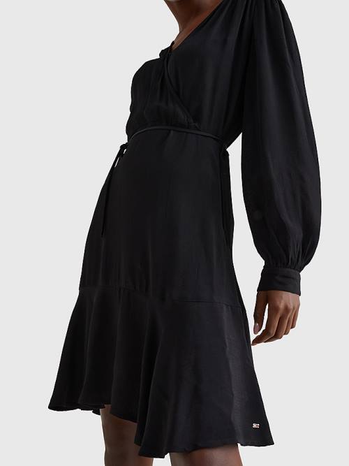 Black Tommy Hilfiger Floral Wrap Knee Length Women's Dress | TH873IWU