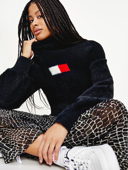 Black Tommy Hilfiger Furry Flag Roll Neck Jumper Women's Sweaters | TH714DMA