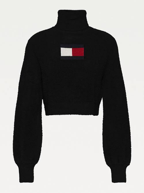 Black Tommy Hilfiger Furry Flag Roll Neck Jumper Women's Sweaters | TH714DMA