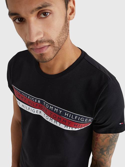 Black Tommy Hilfiger Graphic Tape Logo Men's T Shirts | TH132SCM