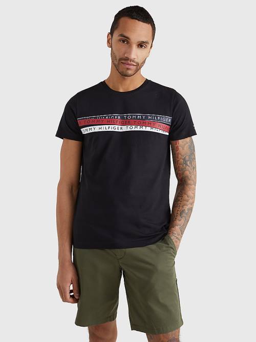 Black Tommy Hilfiger Graphic Tape Logo Men\'s T Shirts | TH132SCM