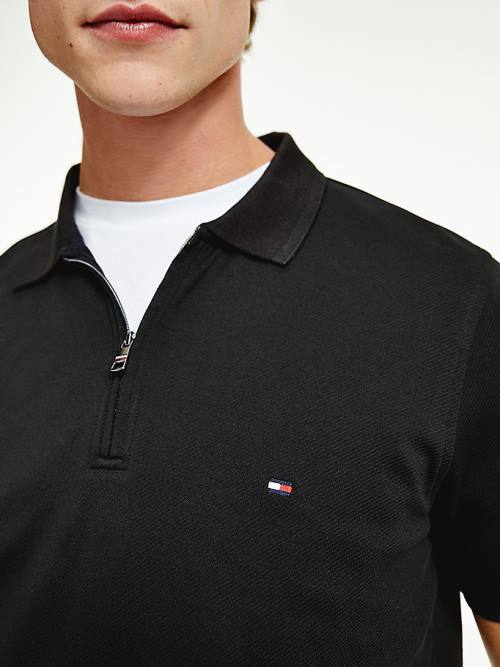 Black Tommy Hilfiger Half-Zip Mercerised Slim Fit Men's Polo Shirts | TH467NSF