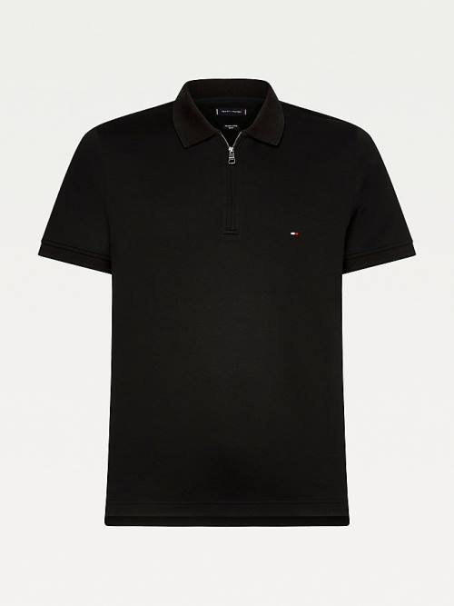 Black Tommy Hilfiger Half-Zip Mercerised Slim Fit Men's Polo Shirts | TH467NSF