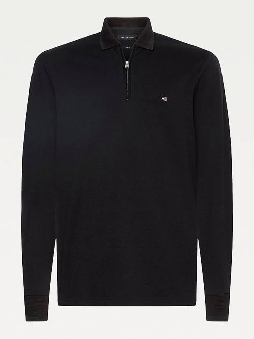 Black Tommy Hilfiger Half-Zip Slim Fit Long Sleeve Men's Polo Shirts | TH246XYL