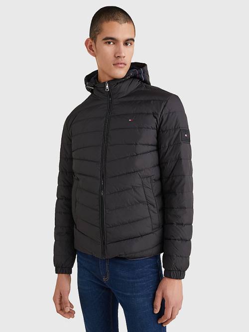 Black Tommy Hilfiger Hooded Tape Puffer Men\'s Jackets | TH076BWX