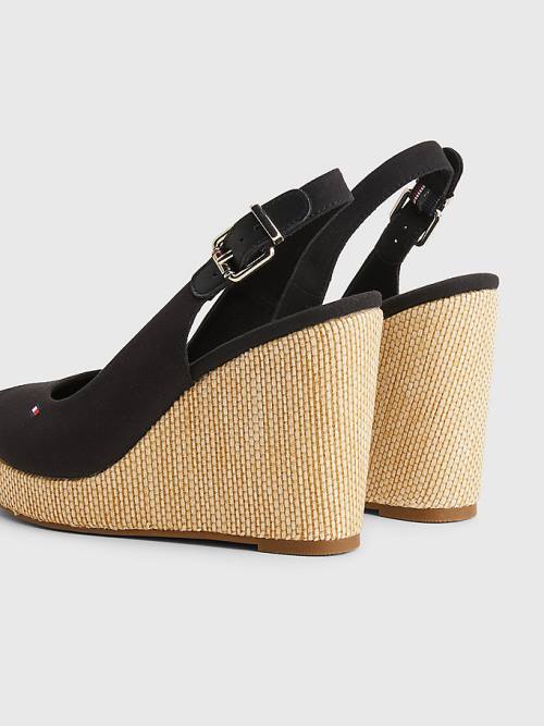 Black Tommy Hilfiger Iconic Slingback Espadrille High Heel Wedges Women's Sandals | TH865GKA