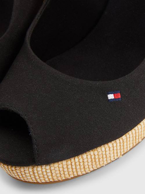 Black Tommy Hilfiger Iconic Slingback Espadrille High Heel Wedges Women's Sandals | TH865GKA