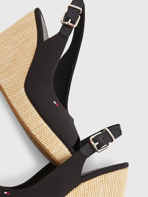 Black Tommy Hilfiger Iconic Slingback Espadrille High Heel Wedges Women's Sandals | TH865GKA