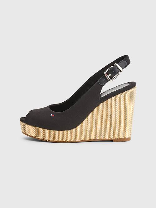 Black Tommy Hilfiger Iconic Slingback Espadrille High Heel Wedges Women's Sandals | TH865GKA