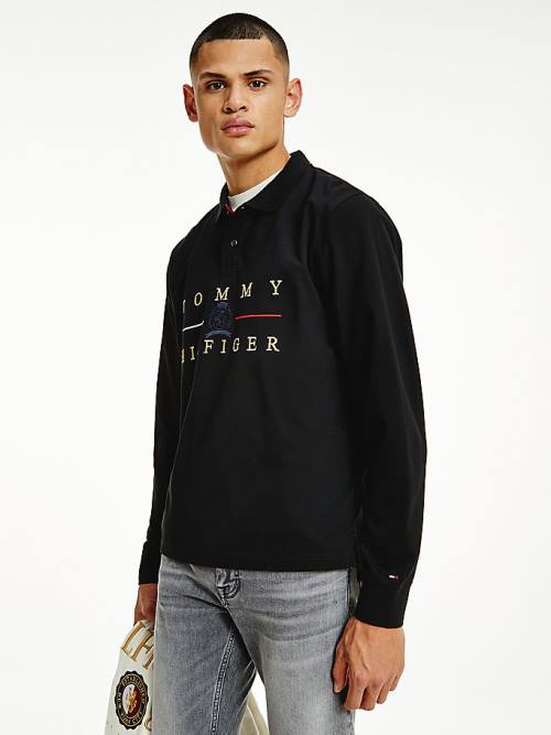 Black Tommy Hilfiger Icons Long Sleeve Regular Fit Men\'s Polo Shirts | TH193KBS