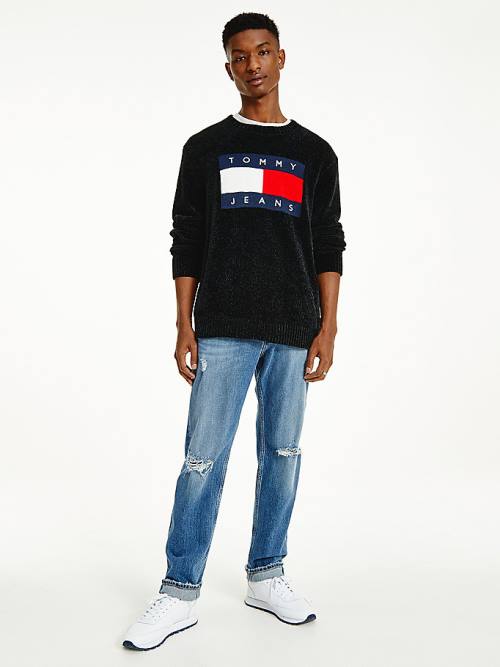 Black Tommy Hilfiger Intarsia Flag Relaxed Fit Jumper Men's Sweaters | TH593EZA