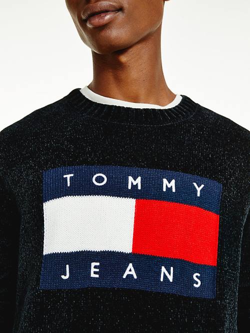 Black Tommy Hilfiger Intarsia Flag Relaxed Fit Jumper Men's Sweaters | TH593EZA