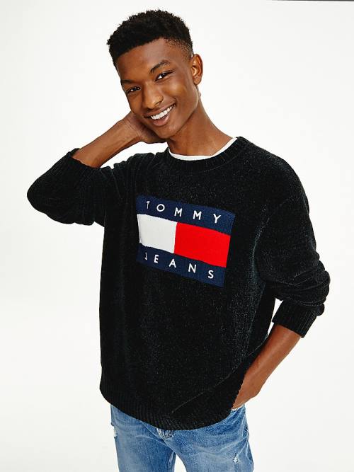 Black Tommy Hilfiger Intarsia Flag Relaxed Fit Jumper Men\'s Sweaters | TH593EZA