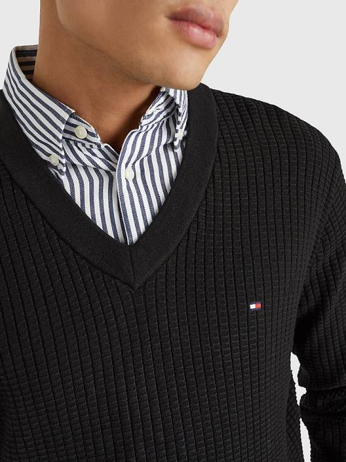 Black Tommy Hilfiger Knitted Grid Check V-Neck Jumper Men's Sweaters | TH586NSP