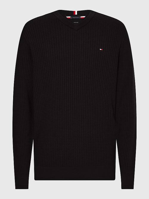 Black Tommy Hilfiger Knitted Grid Check V-Neck Jumper Men's Sweaters | TH586NSP