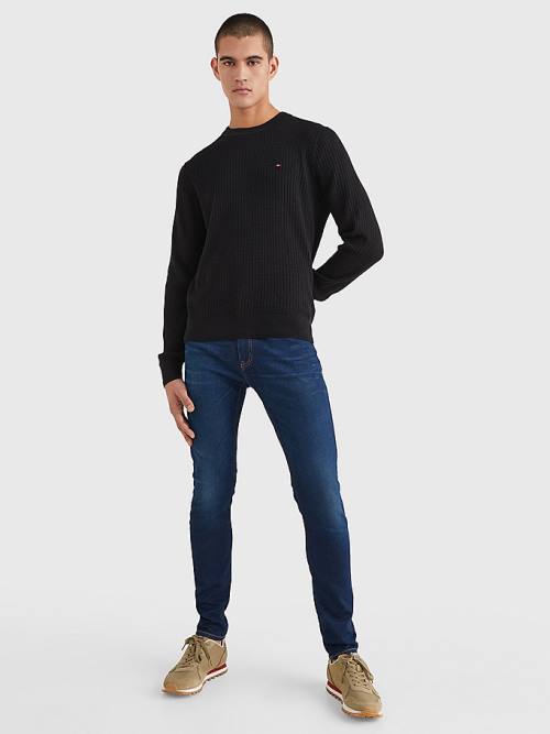 Black Tommy Hilfiger Knitted Grid Check Crew Neck Jumper Men's Sweaters | TH971BYT