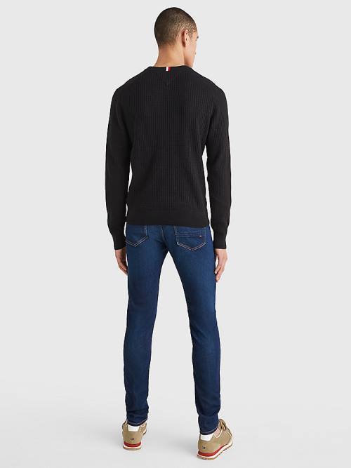 Black Tommy Hilfiger Knitted Grid Check Crew Neck Jumper Men's Sweaters | TH971BYT