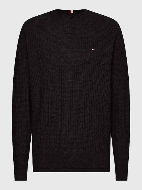 Black Tommy Hilfiger Knitted Grid Check Crew Neck Jumper Men's Sweaters | TH971BYT