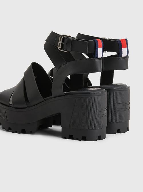 Black Tommy Hilfiger Leather Block Heel Women's Sandals | TH592JYS