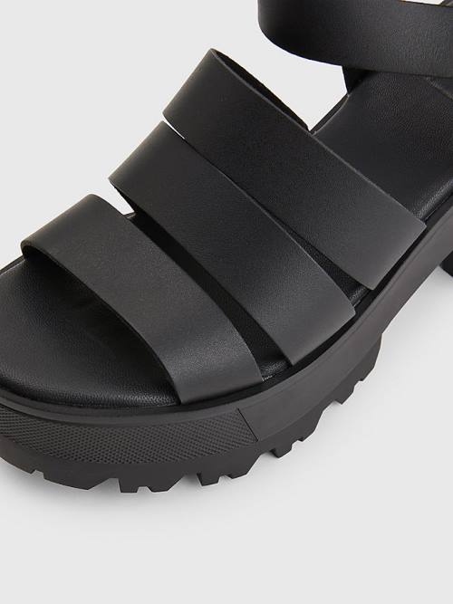 Black Tommy Hilfiger Leather Block Heel Women's Sandals | TH592JYS