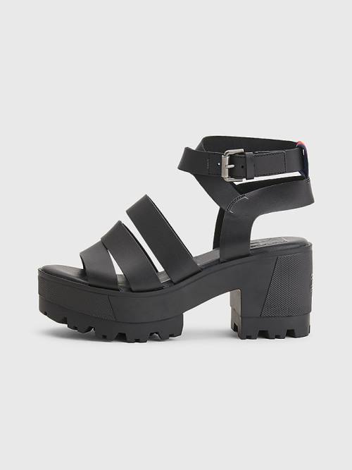 Black Tommy Hilfiger Leather Block Heel Women's Sandals | TH592JYS