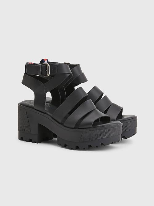 Black Tommy Hilfiger Leather Block Heel Women\'s Sandals | TH592JYS