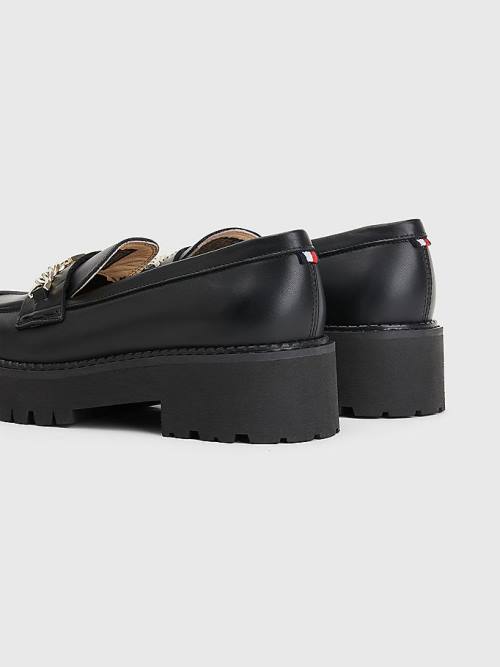 Black Tommy Hilfiger Leather Chain Chunky Women's Loafers | TH256AZT