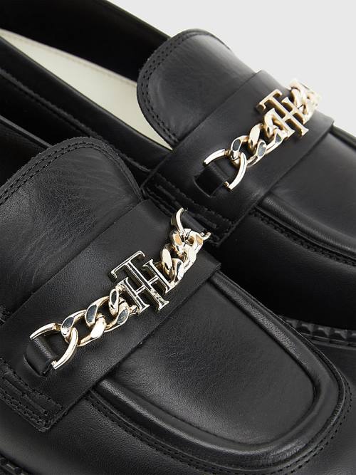 Black Tommy Hilfiger Leather Chain Chunky Women's Loafers | TH256AZT