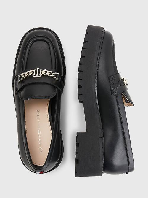 Black Tommy Hilfiger Leather Chain Chunky Women's Loafers | TH256AZT