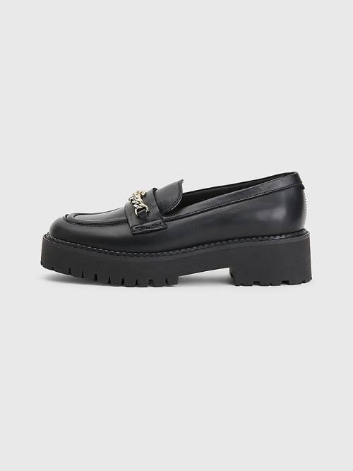 Black Tommy Hilfiger Leather Chain Chunky Women's Loafers | TH256AZT