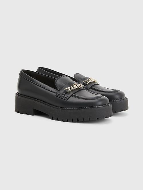 Black Tommy Hilfiger Leather Chain Chunky Women\'s Loafers | TH256AZT