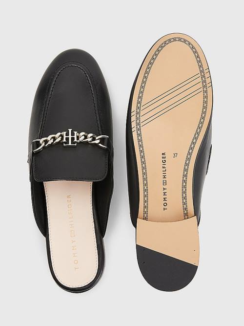 Black Tommy Hilfiger Leather Chain Mule Women's Loafers | TH014IEK