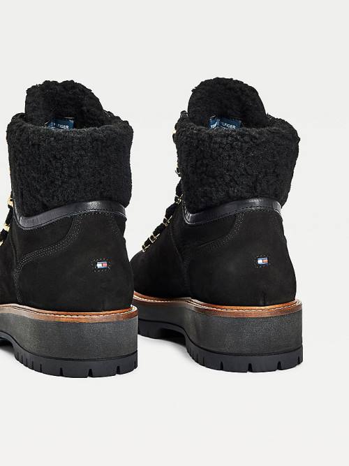 Black Tommy Hilfiger Leather Cleat Lace-Up Women's Boots | TH386KWN