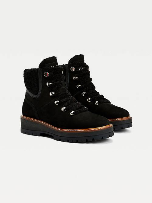 Black Tommy Hilfiger Leather Cleat Lace-Up Women\'s Boots | TH386KWN