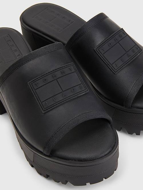 Black Tommy Hilfiger Leather Flag Block Heel Mules Women's Sandals | TH358ISE