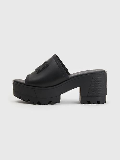 Black Tommy Hilfiger Leather Flag Block Heel Mules Women's Sandals | TH358ISE