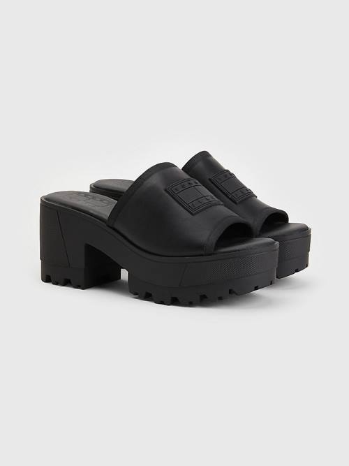 Black Tommy Hilfiger Leather Flag Block Heel Mules Women\'s Sandals | TH358ISE