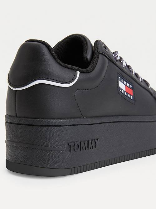 Black Tommy Hilfiger Leather Flatform Cupsole Women's Sneakers | TH321VLQ