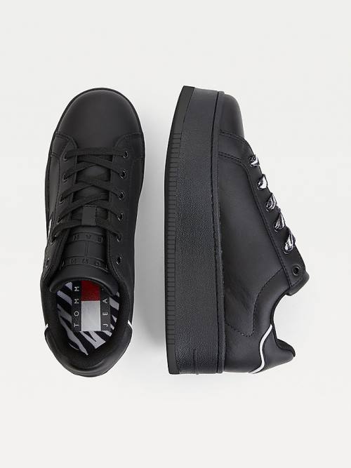 Black Tommy Hilfiger Leather Flatform Cupsole Women's Sneakers | TH321VLQ