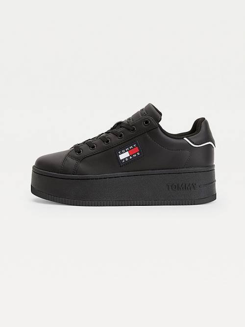 Black Tommy Hilfiger Leather Flatform Cupsole Women's Sneakers | TH321VLQ