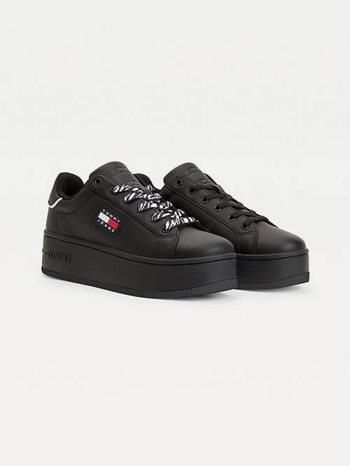 Black Tommy Hilfiger Leather Flatform Cupsole Women\'s Sneakers | TH321VLQ