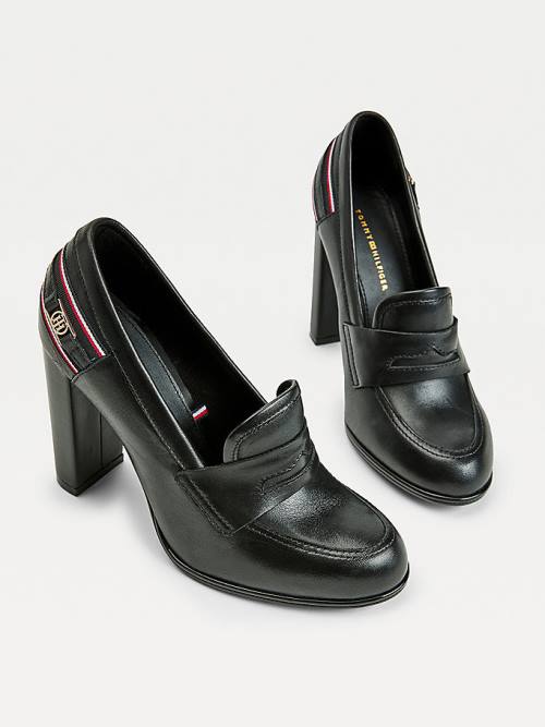 Black Tommy Hilfiger Leather High Court Shoes Women's Heels | TH825TWO